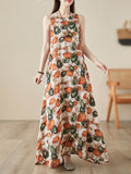 Momentlover Printed Sleeveless Loose Round-Neck Midi Dresses