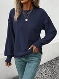 Momentlover Split-Joint Solid Color Pockets Loose Long Sleeves Round-Neck Sweater Tops Pullovers