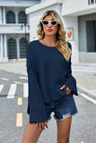 Momentlover High-Low Slit Round Neck Long Sleeve Sweater