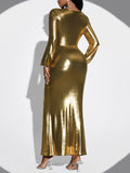 Momentlover Split-front Solid Color Shiny Knot Elasticity Puff Sleeves Long Sleeves Deep V-Neck Maxi Dresses