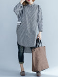 Momentlover Split-Joint Plaid Contrast Color Buttoned Three-Quarter Sleeves Loose Lapel Shirt Dress Midi Dresses