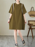 Momentlover Split-Joint Short Sleeves Loose Round-Neck Mini Dresses