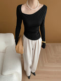 Momentlover Solid Color Skinny Long Sleeves Asymmetric Collar T-Shirts Tops