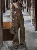 Momentlover Split-Joint Solid Color Pockets Buttoned Wide Leg Loose Trousers Pants