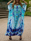 Momentlover Split-side Butterfly Print Short Sleeves Loose V-neck Maxi Dresses Beach Cover-Up