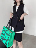 Momentlover Tied Waist Split-Joint Asymmetric Sleeveless Loose V-neck Vest Outerwear