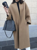 Momentlover Solid Color Loose Long Sleeves Collarless Woolen Coat