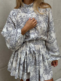 Momentlover Tied Waist Split-Joint Printed Pleated Puff Sleeves Loose Stand Collar Mini Dresses