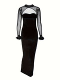 Vzyzv Faux Feather Corset Mesh Splicing Dress, Elegant Long Sleeve Slim Dress For Party & Banquet, Women's Clothing