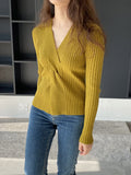 Momentlover Solid Color Knot Loose Long Sleeves V-Neck Sweater Tops Pullovers
