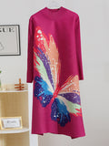 Momentlover Casual Long Sleeves Loose Contrast Color Printed Pleated Beaded Stand Collar Mini Dresses