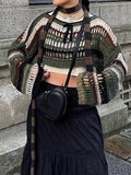 Long Sleeves Loose Drawstring Hollow Split-Joint Round-Neck Sweater Tops