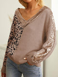 Momentlover Leopard Sequin V-Neck Long Sleeve Sweater