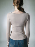 Momentlover Split-Front Skinny Long Sleeves V-Neck T-Shirts Tops