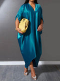 Momentlover Solid Color Short Sleeves Plus Size Deep V-Neck Maxi Dresses