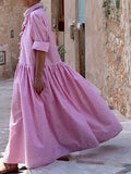 Momentlover Long Sleeves Loose Buttoned Plaid Pleated Split-Joint Lapel Maxi Dresses