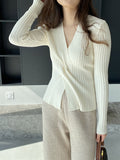 Momentlover Solid Color Knot Loose Long Sleeves V-Neck Sweater Tops Pullovers