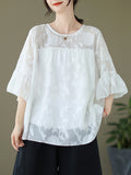 Momentlover Split-Joint See-Through Pleated Falbala Short Sleeves Loose Round-Neck T-Shirts