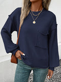 Momentlover Split-Joint Solid Color Pockets Loose Long Sleeves Round-Neck Sweater Tops Pullovers