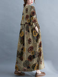 Momentlover Artistic Retro Loose Long Sleeves Printed Round-Neck Maxi Dresses