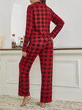Plaid Split-Joint Lapel Long Sleeves Top + Drawstring Pants Trousers Two Pieces Set