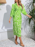 Momentlover Tied Waist Printed Elasticity Nine-Minute Sleeve High Waisted V-Neck Shirt Dress Midi Dresses