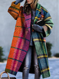 Momentlover Long Sleeves Loose Contrast Color Plaid Split-Joint Lapel Outerwear Windbreakers Woolen Coat