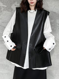 Momentlover Solid Color Pockets Buttoned Sleeveless Loose V-neck Vest Outerwear