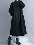 Momentlover Solid Color Raglan Sleeve Loose Mock Neck Midi Dresses