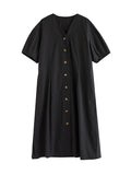 Momentlover Solid Color Pockets Buttoned Short Sleeves Loose V-Neck Midi Dresses