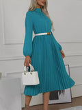 Momentlover Solid Color Pleated No Belt Hollow Elasticity Buttoned Puff Sleeves Loose High Neck Midi Dresses