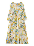 Momentlover Split-Joint Flower Print Loose Long Sleeves Round-Neck Midi Dresses