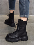 Momentlover Vintage Cow Leather Mid Heels Height Boots