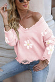 Momentlover Flower Distressed Ribbed Trim Sweater