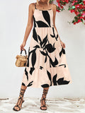 Momentlover Floral Printed Contrast Color Sleeveless Loose Spaghetti-Neck Midi Dresses