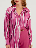 Momentlover Striped Contrast Color Loose Long Sleeves Lapel Blouses