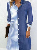 Momentlover Striped Split-Joint Asymmetric Loose Long Sleeves Lapel Shirt Dress Mini Dresses