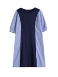 Momentlover Striped Split-Joint Short Sleeves Loose Round-neck Midi Dresses