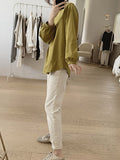 Momentlover Solid Color Pleated Puff Sleeves Loose Round-Neck T-Shirts Tops
