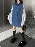 Momentlover Striped Split-Joint Pockets Contrast Color Buttoned Loose Long Sleeves Lapel Blouses&Shirts Tops