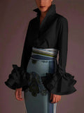momentlover Flared Sleeves Bow-Embellished Falbala Solid Color Lapel Blouses&Shirts Tops