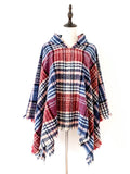 Momentlover Plaid Keep Warm Hooded Fringed Shawl&Cloak Cape