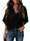 momentlover Original Irregular Casual Solid Color Pleated T-Shirt Top