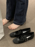Momentlover Contrast Color Round Cut Split-Joint Square-Toe Low Heels Flat Shoes Flats