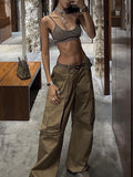 Momentlover Split-Joint Solid Color Pockets Buttoned Wide Leg Loose Trousers Pants
