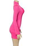 Momentlover Split-Joint Solid Color Pleated Skinny Long Sleeves Round-Neck Mini Dresses