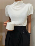 Momentlover Loose Short Sleeves Solid Color Halter-Neck T-Shirts Tops
