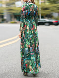 Momentlover Zipper Flower Print Elasticity Bowknot Loose Long Sleeves Round-neck Maxi Dresses