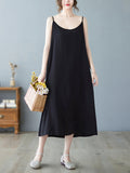 Momentlover Solid Color Sleeveless Loose Spaghetti-Neck Midi Dresses