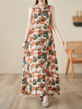 Momentlover Printed Sleeveless Loose Round-Neck Midi Dresses